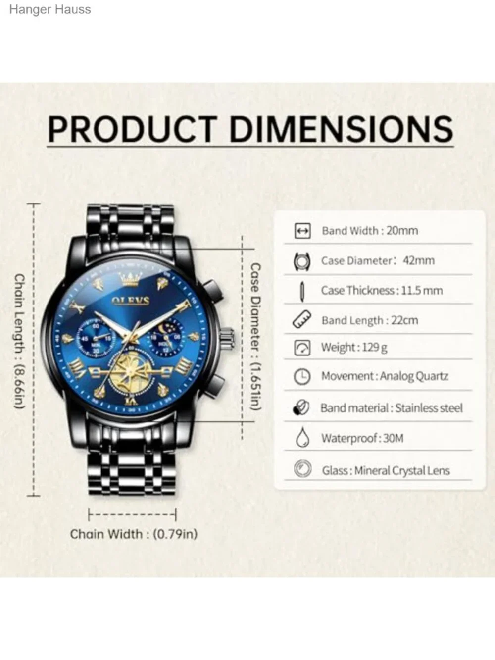 Men's Chronograph Quartz Watch Stainless Steel Big Face Dress